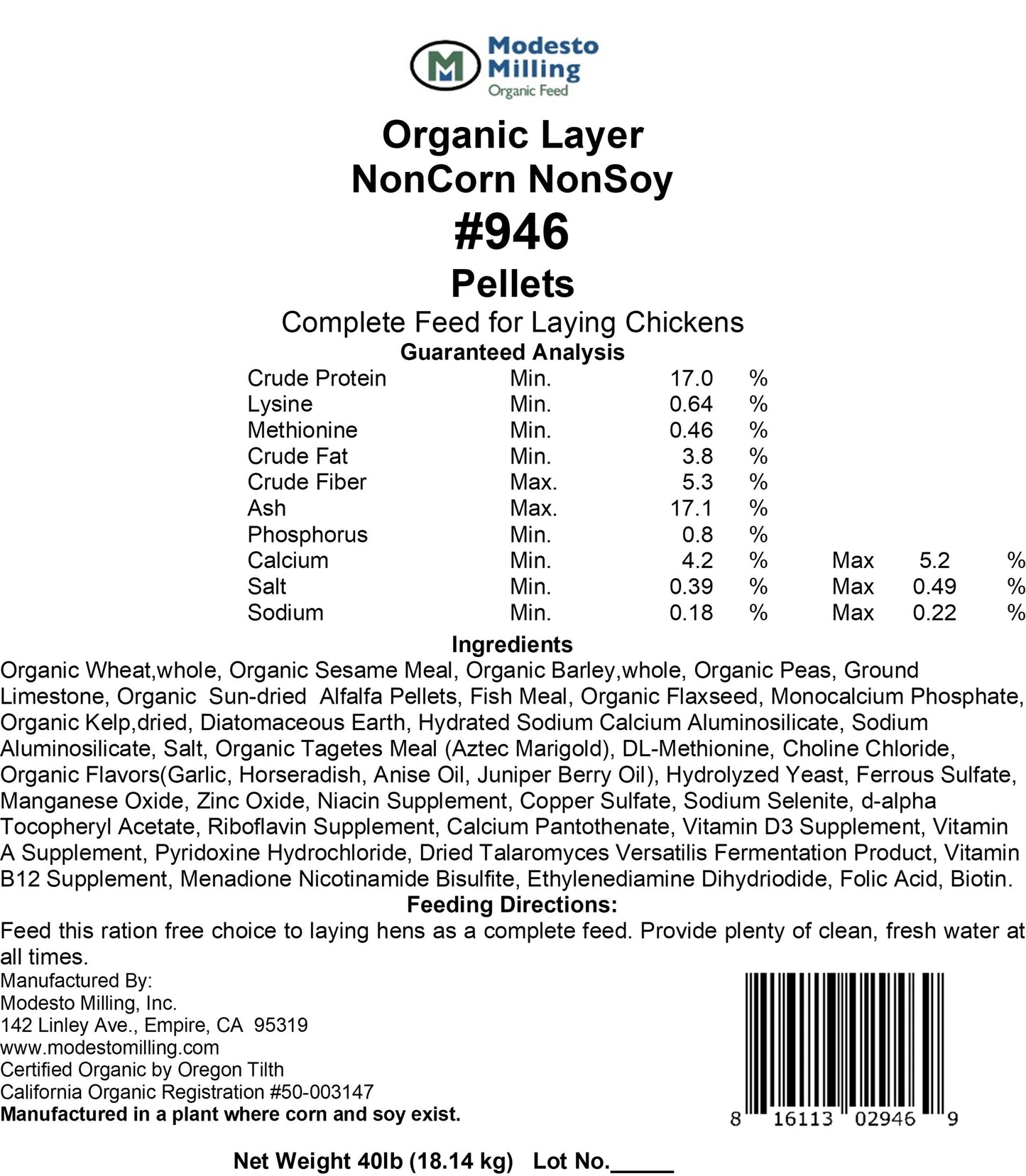 Modesto Milling Layer Pellets Non-Corn, Non-Soy - 942, 946, 943