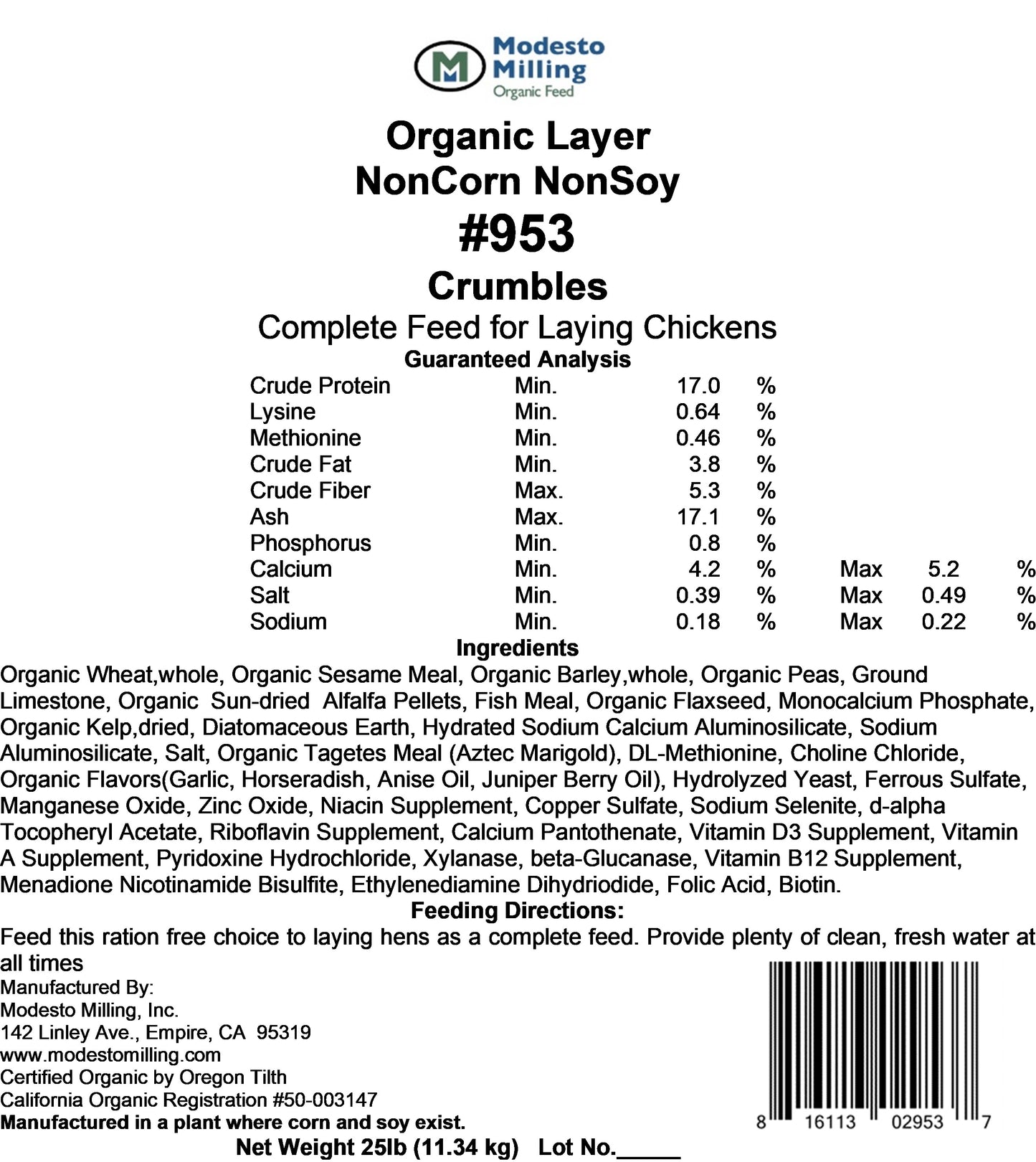 Modesto Milling Layer Crumbles NonCorn NonSoy 25lb - 953